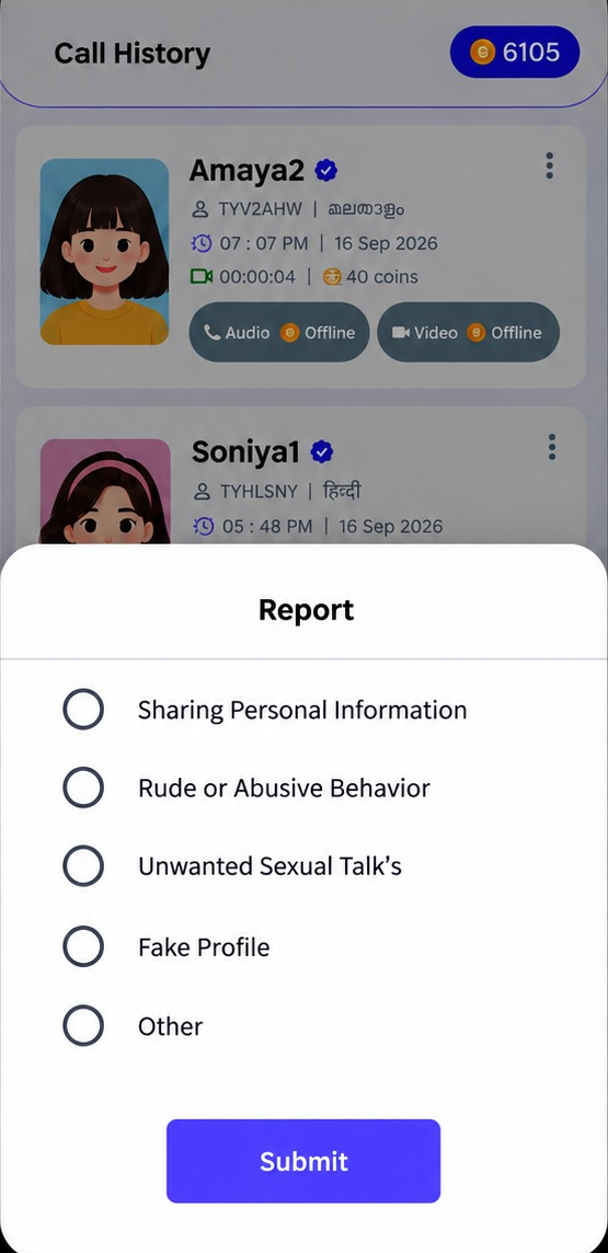 The Tokify report sheet open over Call History, listing the reasons a call can be reported