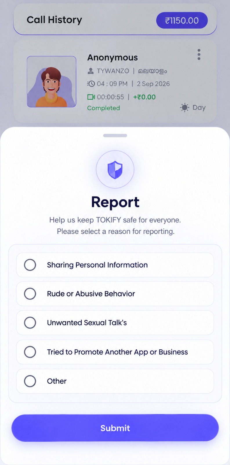 The report form in the Tokify app, opened from call history. It lists the reasons you can choose: sharing personal information, rude or abusive behaviour, unwanted sexual talk, trying to promote another app or business, and other.